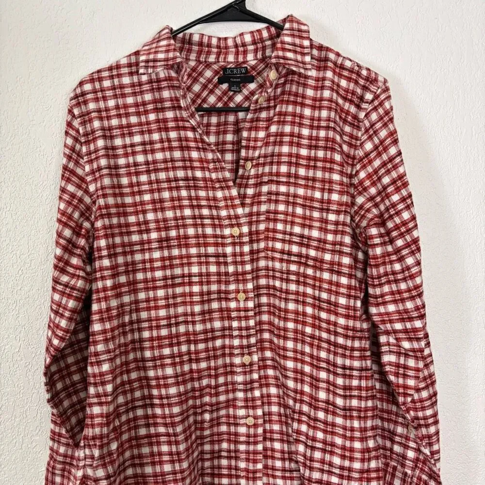 J. Crew‎ Red & White Plaid Classic Fit Collared Button Up Flannel Top Size 6